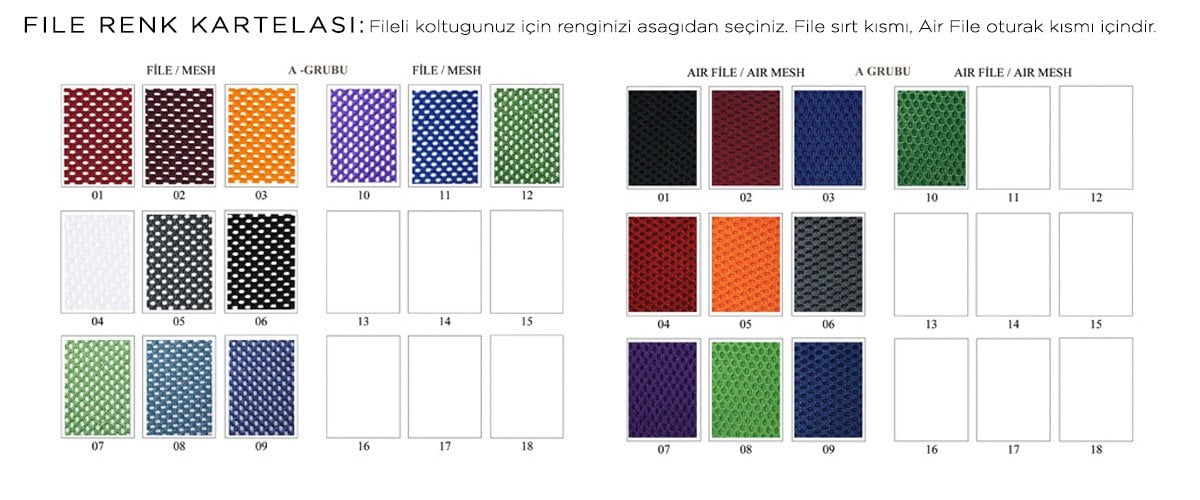 Fileli Koltuk Renk Kartelası Renkler
