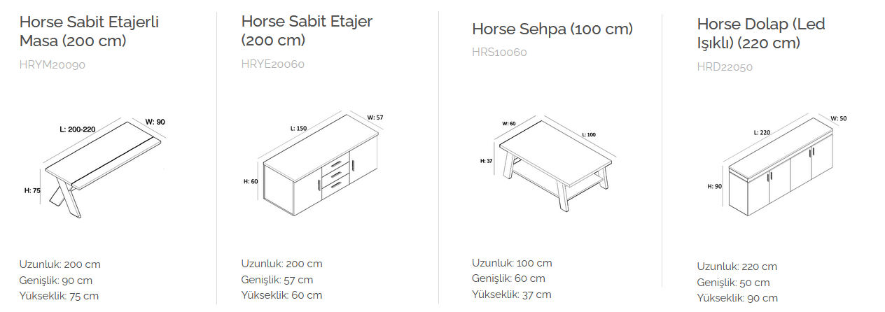 Horse Sabit Etejerli Makam Masası Takımı Ebatları